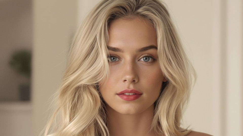 Woman with long blonde hair wearing a white strapless top indoors.