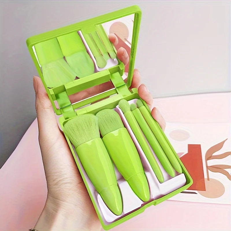 5Pcs Portable Makeup Brush Set with Mirror - Foldable Travel Kit ，Mini Makeup Brush Set Travel Makeup Brush Set