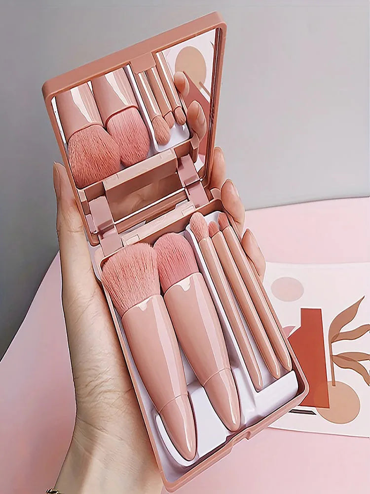 5Pcs Portable Makeup Brush Set with Mirror - Foldable Travel Kit ，Mini Makeup Brush Set Travel Makeup Brush Set
